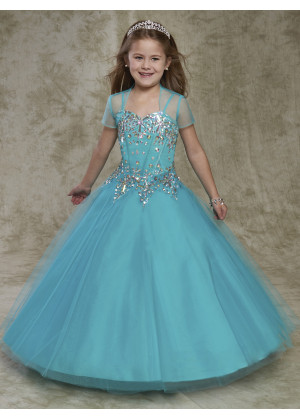 Beaded Tulle Sweetheart Neck Floor Length Flower Girl Dress With Cape